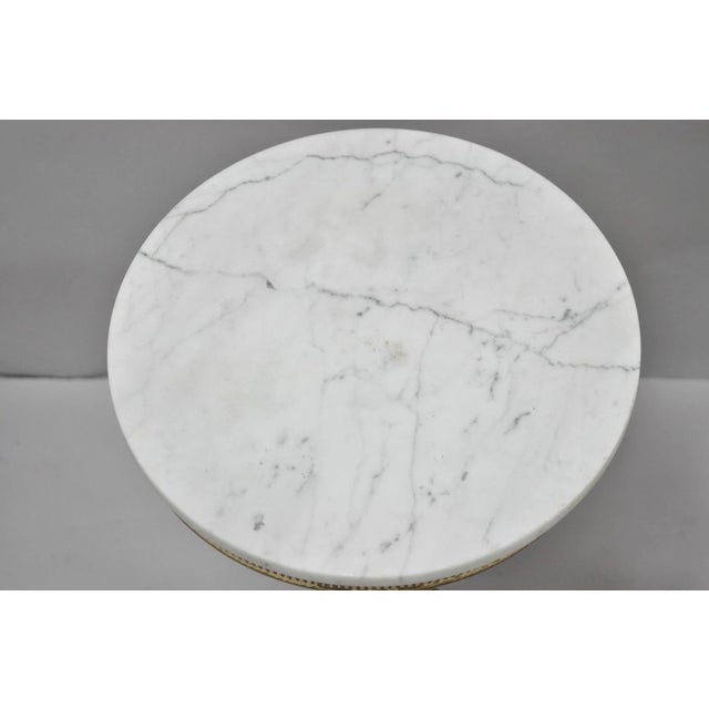Vintage Hollywood Regency Small Metal Pedestal Marble Top Drinks Side Table Pair For Sale - Image 16 of 18