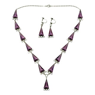Art Deco Silver, Purple Triangular Glass and Paste Necklace and Earrings, 1920s, Set of 2 For Sale
