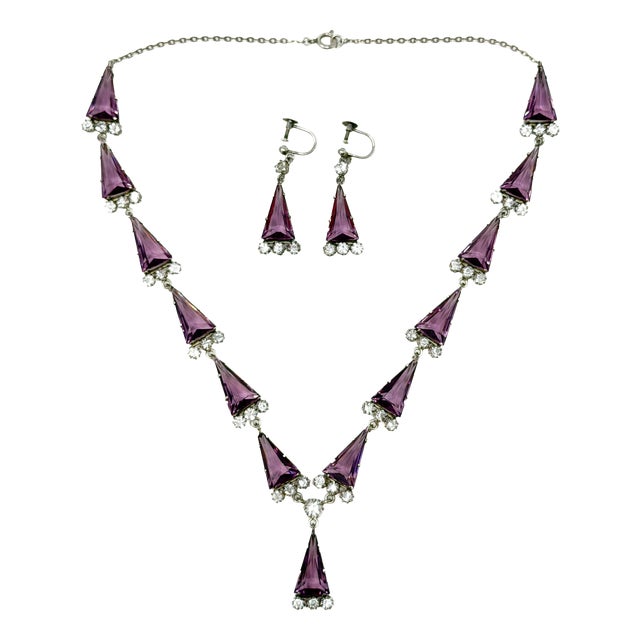 Art Deco Silver, Purple Triangular Glass and Paste Necklace and Earrings, 1920s, Set of 2 For Sale