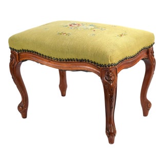 Vintage French Carved Footstool Ottoman Cabriolet Legs Needlepoint Top For Sale