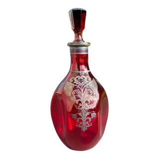 1930s Bohemian 10" Ruby Red Decanter Victorian Sterling Silver Overlay For Sale