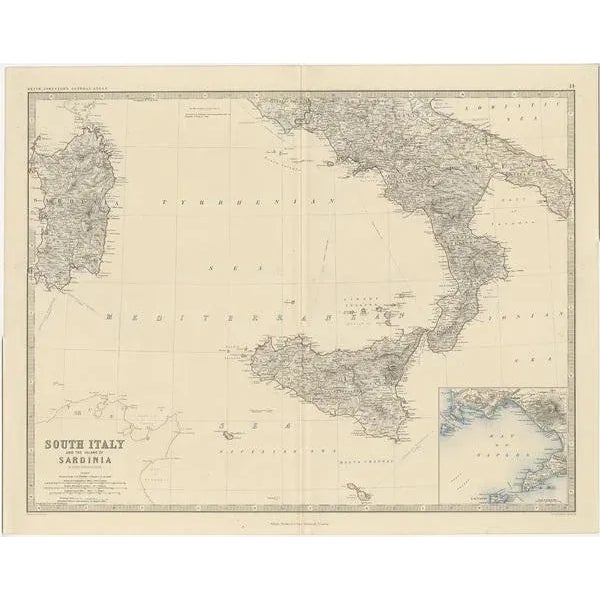 Antique map titled 'south italy and the island of sardinia'. Old map of southern italy and the island of sardinia. With an...