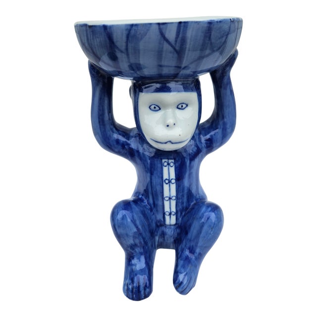 Vintage Chinoiserie Blue White Ceramic Monkey Dish - 8.25" Height For Sale