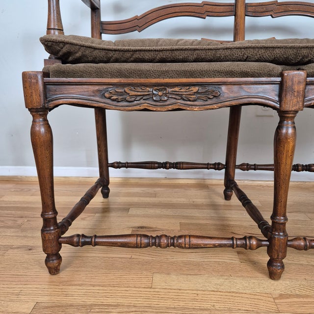 Brown Mid 20th Century French Country Petite Walnut Ladder Back Settee Bench W/ Brown Faux Suede Cushions For Sale - Image 8 of 12