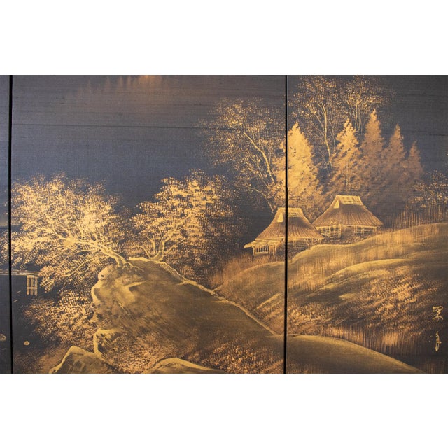 Wood 1960s Shōwa Era Japanese Monochrome Byobu Screen on Black Silk Background For Sale - Image 7 of 15