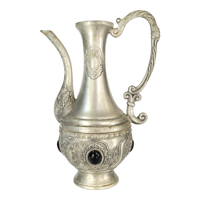 Vintage Pewter Ornate Pitcher With Inset Stones For Sale