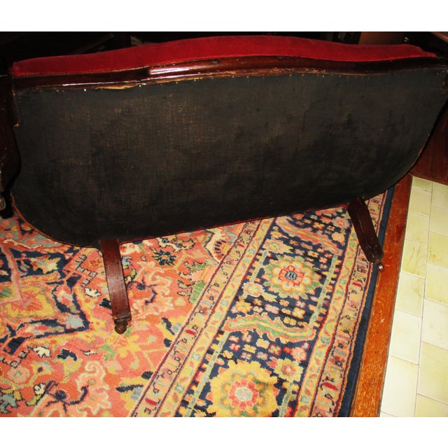 Antique Victorian Carved Walnut Red Velvet Tufted Love Seat For Sale - Image 14 of 14