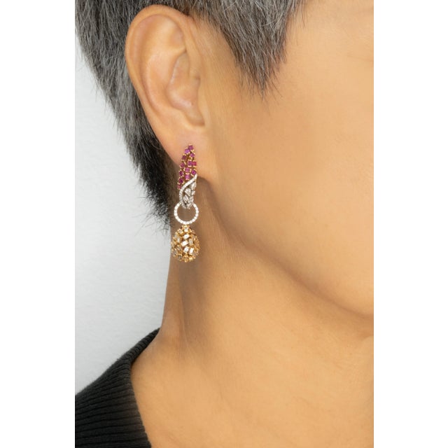 Modern Late 20th Century Convertible 18k Yellow Gold Ruby and Diamond Drop Earrings- 2 Pieces For Sale - Image 3 of 11