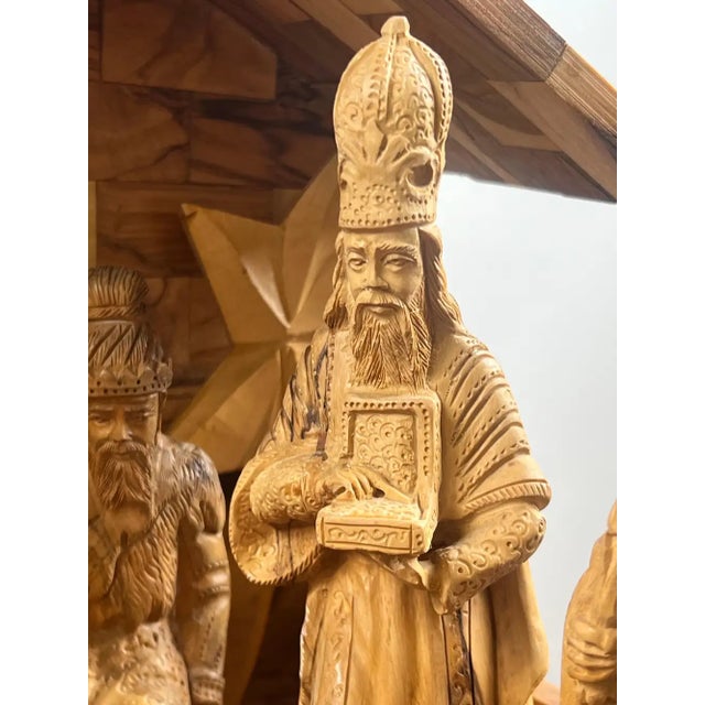 1980s Religious Hand Carved Olive Wood Nativity Set With Stable, Holy Family, Wise Men For Sale - Image 5 of 18
