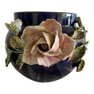 Antique French Barbotine Majolica Vase Applied Rose Vase