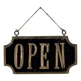 Small Vintage "Open" Double Sided Wood Sign With Scalloped Edges & Raised Letters For Sale