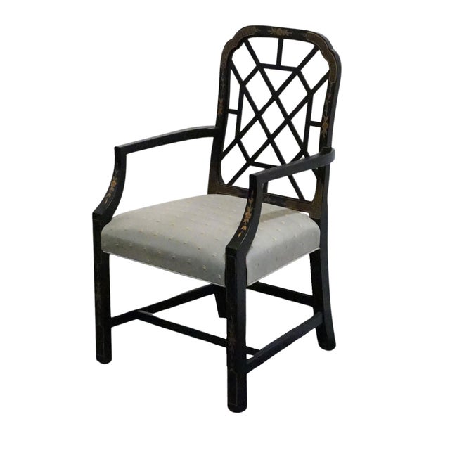 KINDEL FURNITURE Black & Gold Chinese Chippendale Style Lattice Back Dining Arm Chair 38.5" High 23" Wide 23.25" Deep...