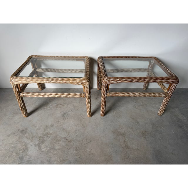 1970's Vintage Coastal Organic Whitewashed Rattan & Glass Top End Tables – A Pair For Sale - Image 4 of 15