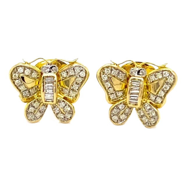 Diamond Butterfly 18k Yellow Gold Stud Earrings, 2 Pieces For Sale