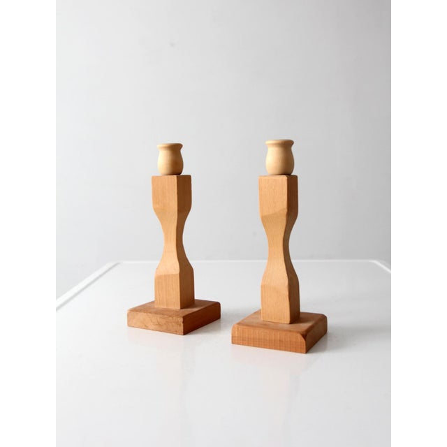 Wood Pair of Vintage Handmade Wooden Candlesticks For Sale - Image 7 of 11