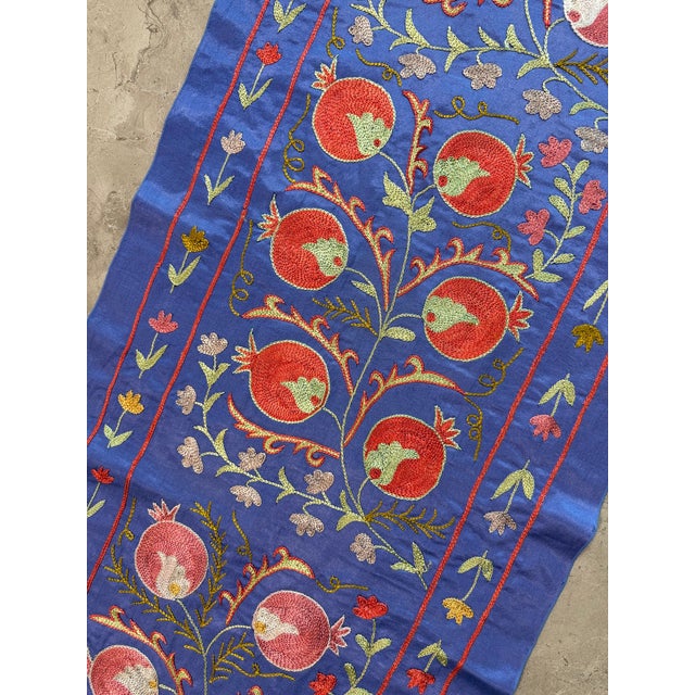 Textile Blue Silk Suzani Table Runner With Pomegranate Vine For Sale - Image 7 of 10