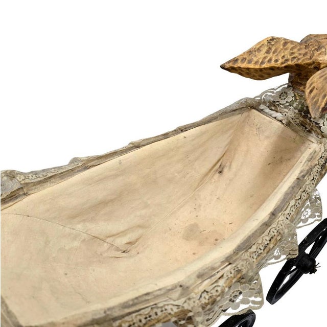 Antique American Wicker & Composition Rabbit-Form Figural Doll Carriage With Original Lining For Sale - Image 12 of 13