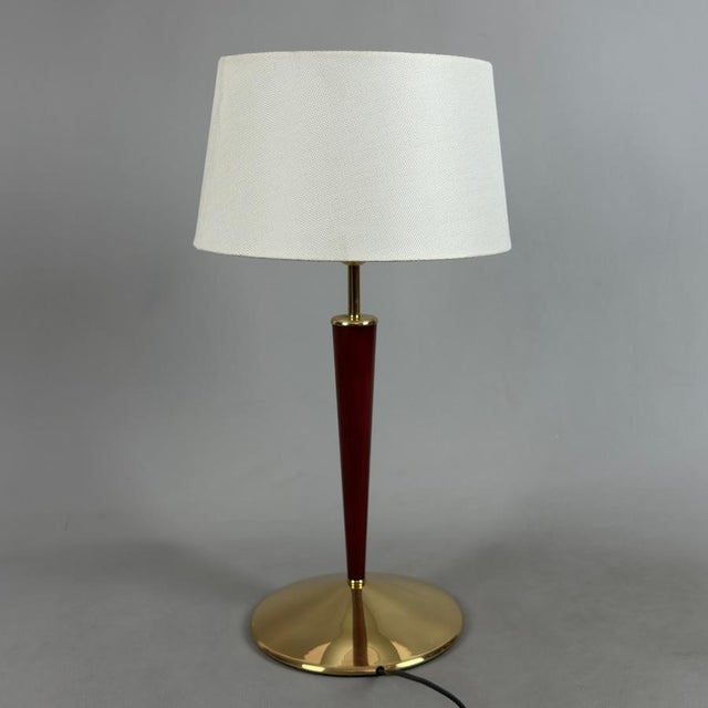 Brass Table Lamp with Wood and Fabric Shade, 1960s For Sale - Image 4 of 12
