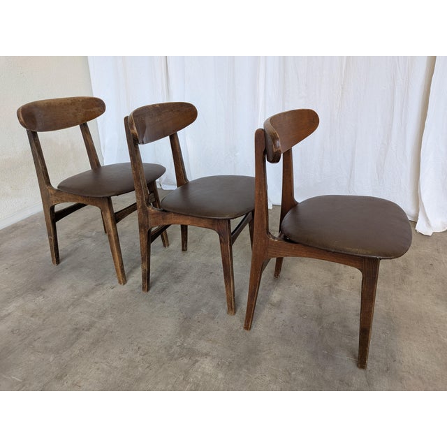 Vintage Wooden Dining Chairs with Brown Leather Seats, 1970s, Set of 3 For Sale - Image 16 of 18