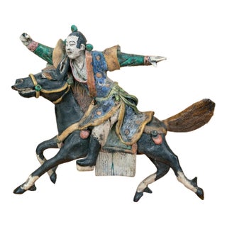 Antique Chinese Sancai Glazed Ceramic Roof Tile Equestrian Figure on Stand For Sale