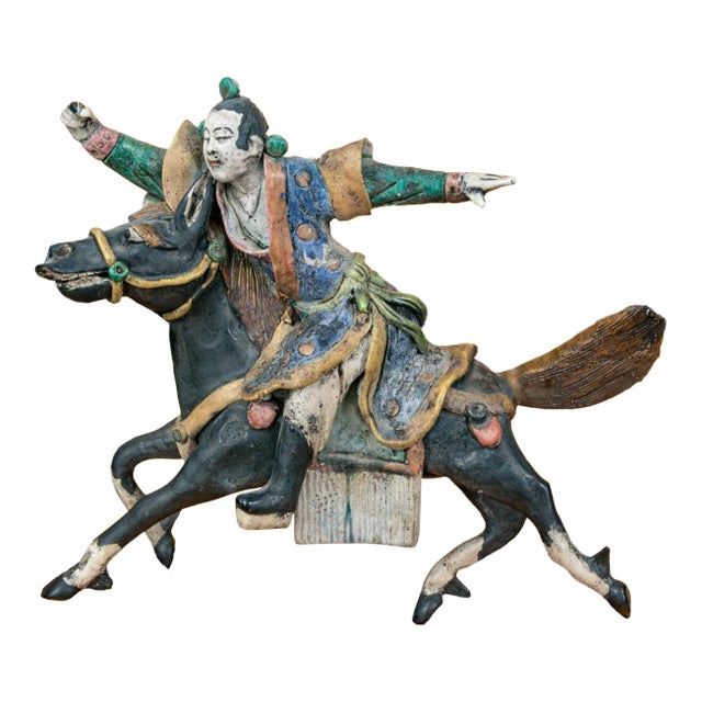 Antique Chinese Sancai Glazed Ceramic Roof Tile Equestrian Figure on Stand For Sale