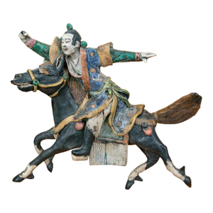 Antique Chinese Sancai Glazed Ceramic Roof Tile Equestrian Figure on Stand