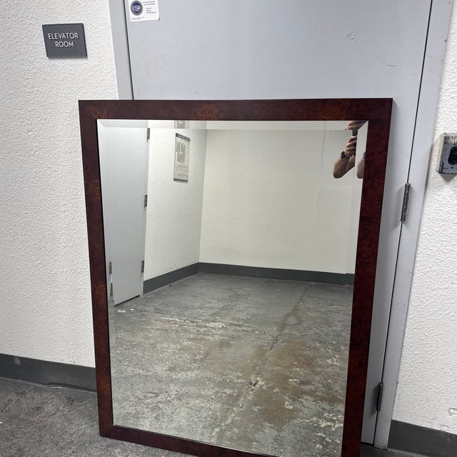 Burl Wood Rectangular Beveled Mirror For Sale - Image 9 of 13