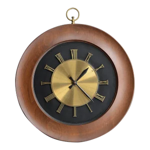 Large Round Danish Modern Sculpted Walnut & Brass Clock With Roman Numerals