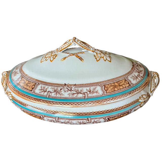 Staffordshire 19th Century Edge, Malkin & Co. Staffordishire Hand Painted Turquoise and Brown Porcelain Tureens With Gold Gilding - a Pair For Sale - Image 4 of 14