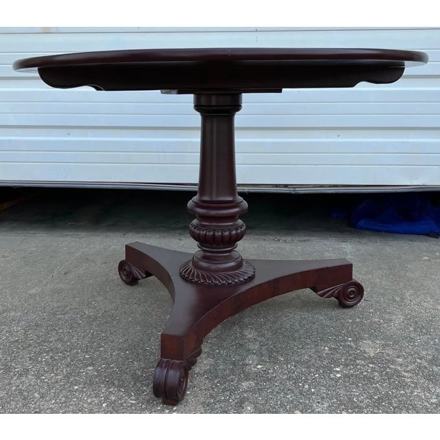 Great little 19th century English regency mahogany center table. 28” high, pillar with gadrooned base over three classic...
