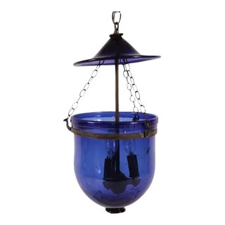 19th Century English Blue Bell Jar Glass Hall Lantern with Smoke Shade For Sale