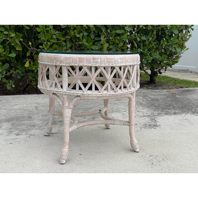 Late 20th Century Vintage Whitewashed Rattan Petite Center Table With Thick Glass Top For Sale - Image 5 of 10
