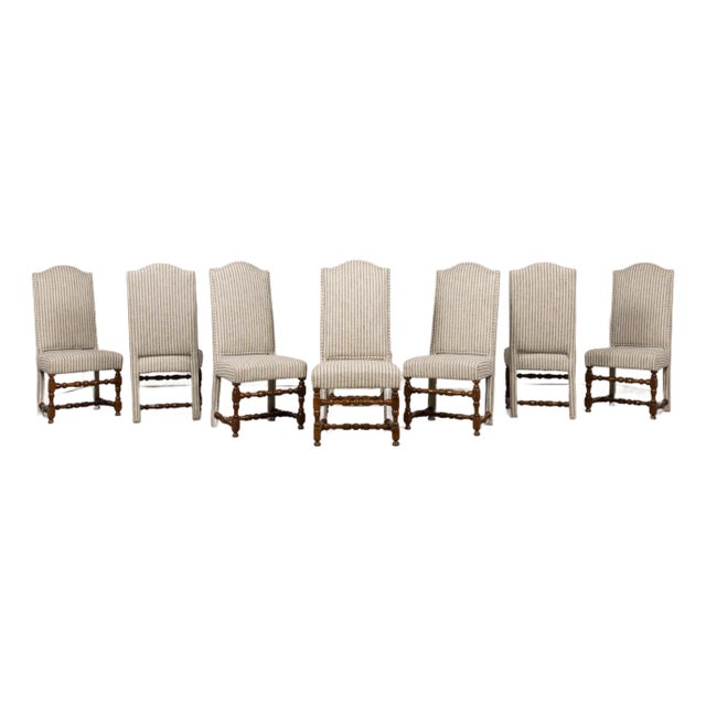 Antique French Louis XIII Walnut Dining Chairs in Tailored Stripe - Set of 8 For Sale