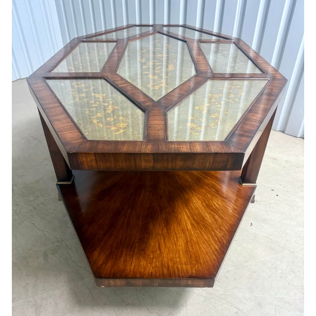 Baker Furniture Company Vintage Euro Style Two-Tiered Octagonal Eglomisé Mahogany Cocktail / Coffee Table For Sale - Image 4 of 11