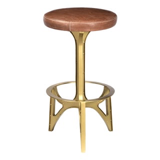 Matthew Izzo Home Ersa Brass Finish and Leather Barstool For Sale