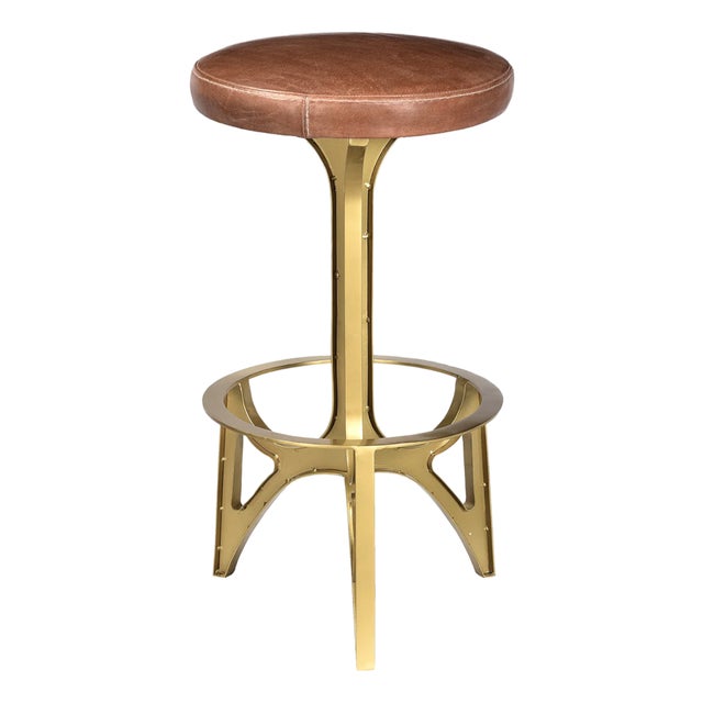 Matthew Izzo Home Ersa Brass Finish and Leather Barstool For Sale