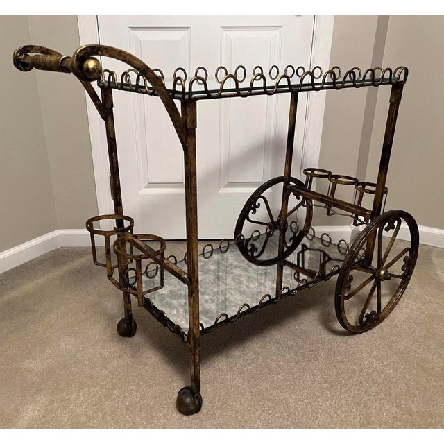Mid-Century Modern Vintage Hollywood Regency Neoclassical Gilt Rolling Iron Glass Bar Cart Trolley For Sale - Image 3 of 12