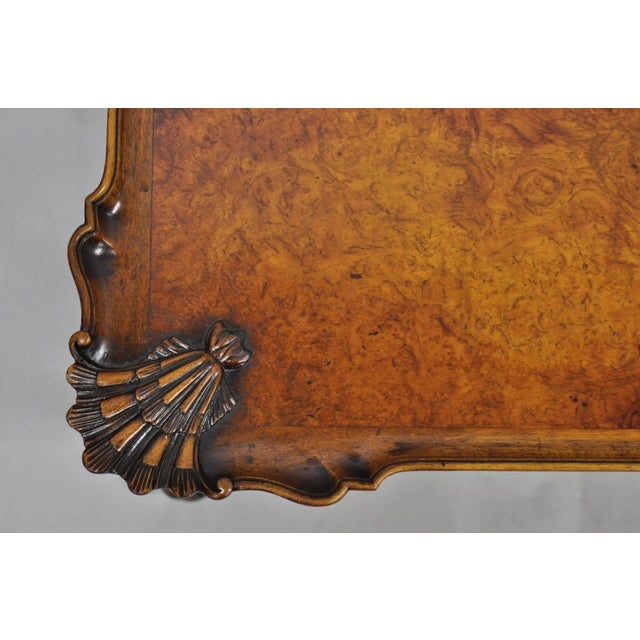 Antique English Georgian Style Burl Walnut Shell Carved Scalloped Coffee Table For Sale - Image 12 of 14