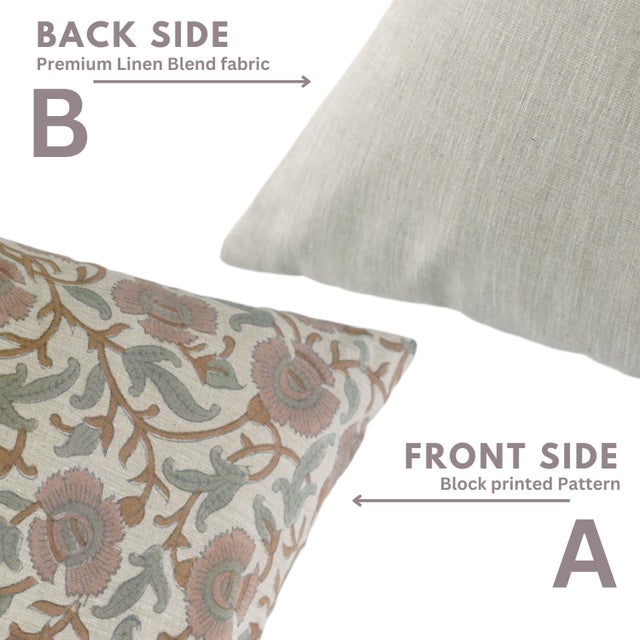 Fabdivine Handmade Block Print Linen Blend Throw Pillow Cover 18x18 – Vasundra Floral Design For Sale - Image 4 of 9