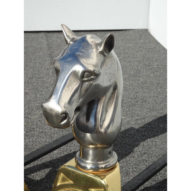 Gold Brass and Silver Cast Iron Horse Equestrian Andirons - a Pair For Sale In Los Angeles - Image 6 of 13