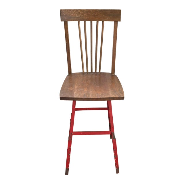 Vintage Industrial Oak Wood and Red Steel Stool For Sale