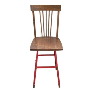 Vintage Industrial Stool Oak Wood and Red Steel For Sale