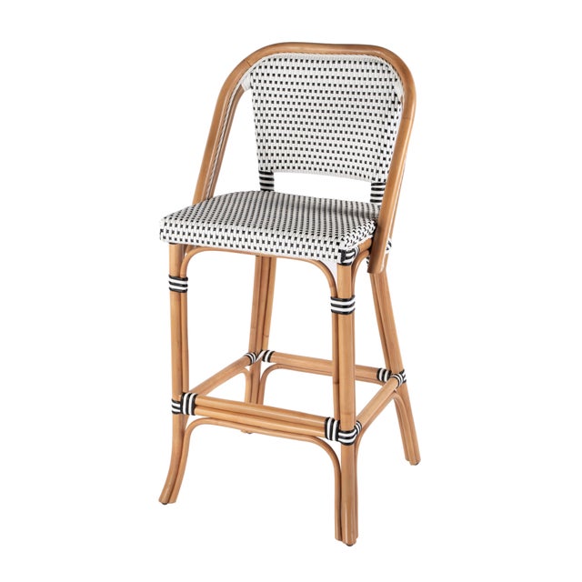 Coastal Lila Rattan 28 in. Seat Height Bar Stool with Back and Footrest, Black For Sale - Image 3 of 9