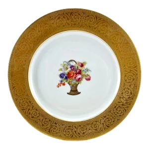 Antique Limoges France Gold Encrusted Cabinet Plate With Basket of Flowers