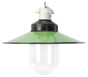 Vintage Industrial Green Enamel, Porcelain and Clear Glass Pendant Light