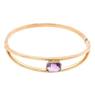 14 Karat Yellow Gold 7.8 Fancy Link Bangle With Square Amethyst Solitaire For Sale