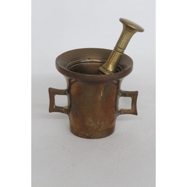 Early 20th Century Miniature Apothecary Handled Mortar and Pestle 2pc Pair Solid Brass Bronze 5095b For Sale - Image 5 of 9