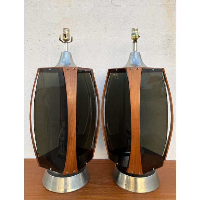 Apair of Mid Century Modern Danish Style Smoked Acrylic Table Lamps. Circa 1970s For Sale - Image 13 of 13