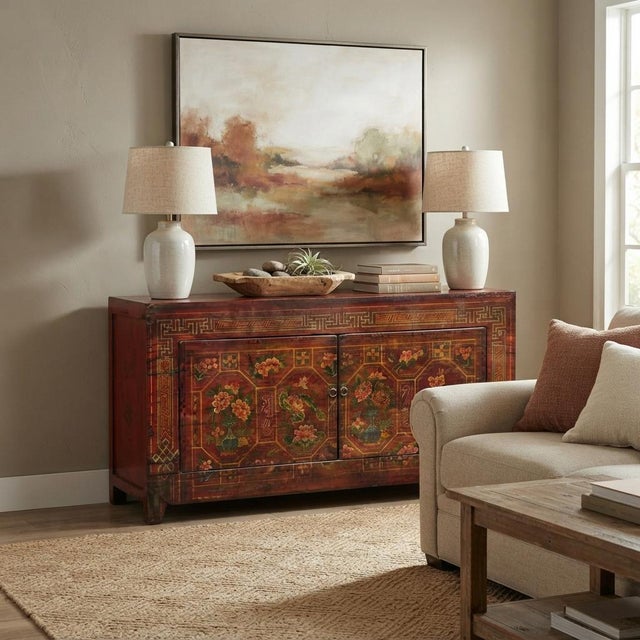 Vintage Orange Red Brown Floral Graphic Credenza Sideboard Cabinet For Sale In San Francisco - Image 6 of 10