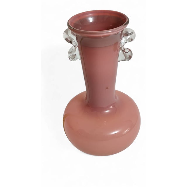 ​Tall Postmodern Pink Opaline Art Glass Bottle Vase With Loop Handles, Poland 1970s For Sale - Image 4 of 6